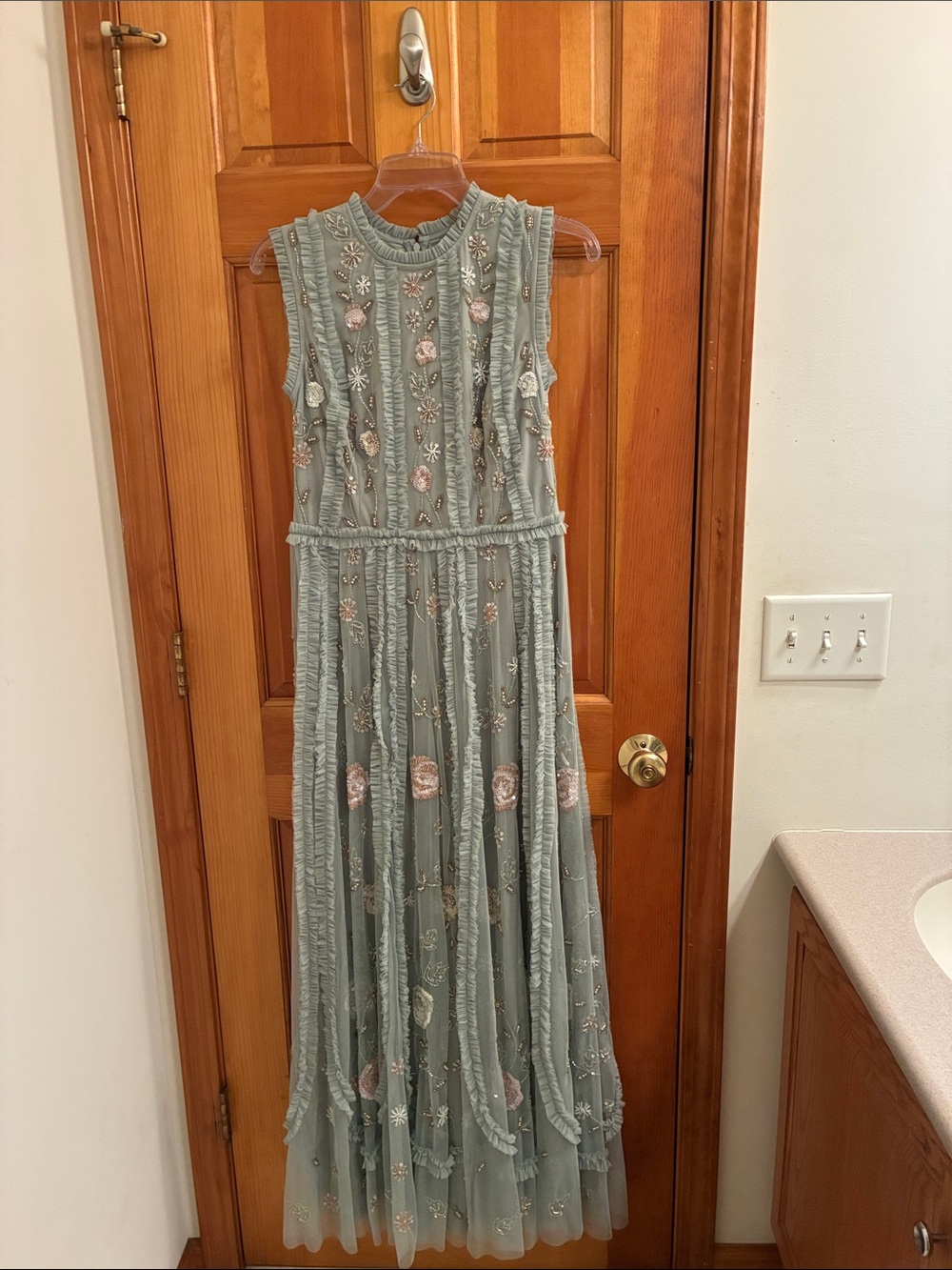 Mac Duggal Sage Green Beaded Floral Maxi Dress